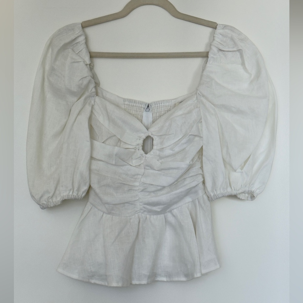 DISSH White Peplum Bubble Sleeve Linen Top